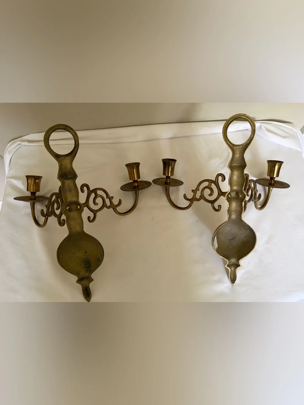 Vintage 1994 Brass Wall Sconce Candle Holders Pair Korea Ornate Double Arm 11”